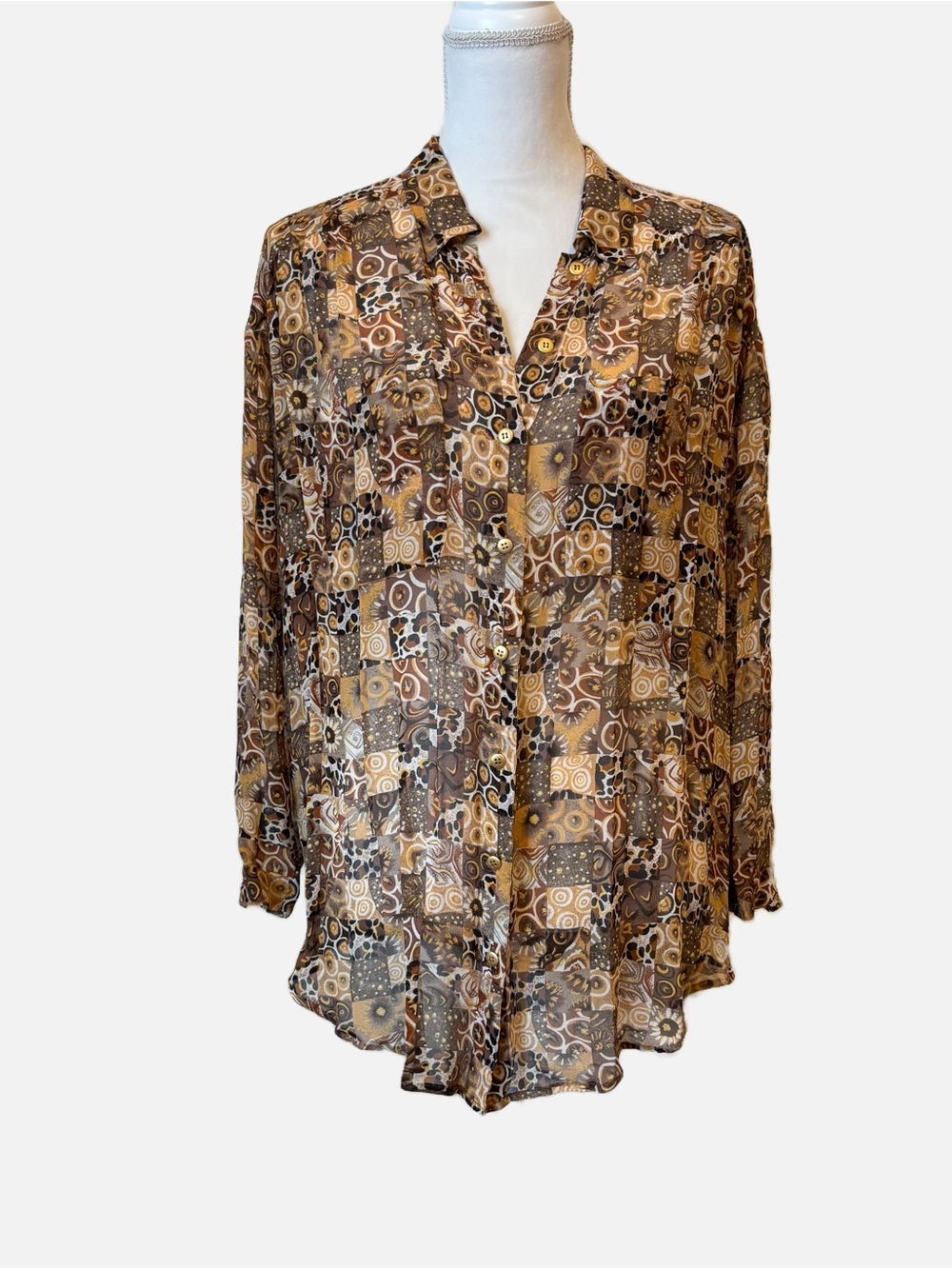 Carole Little Silk Patchwork Print Button Down Blouse Earth Tones Oversized